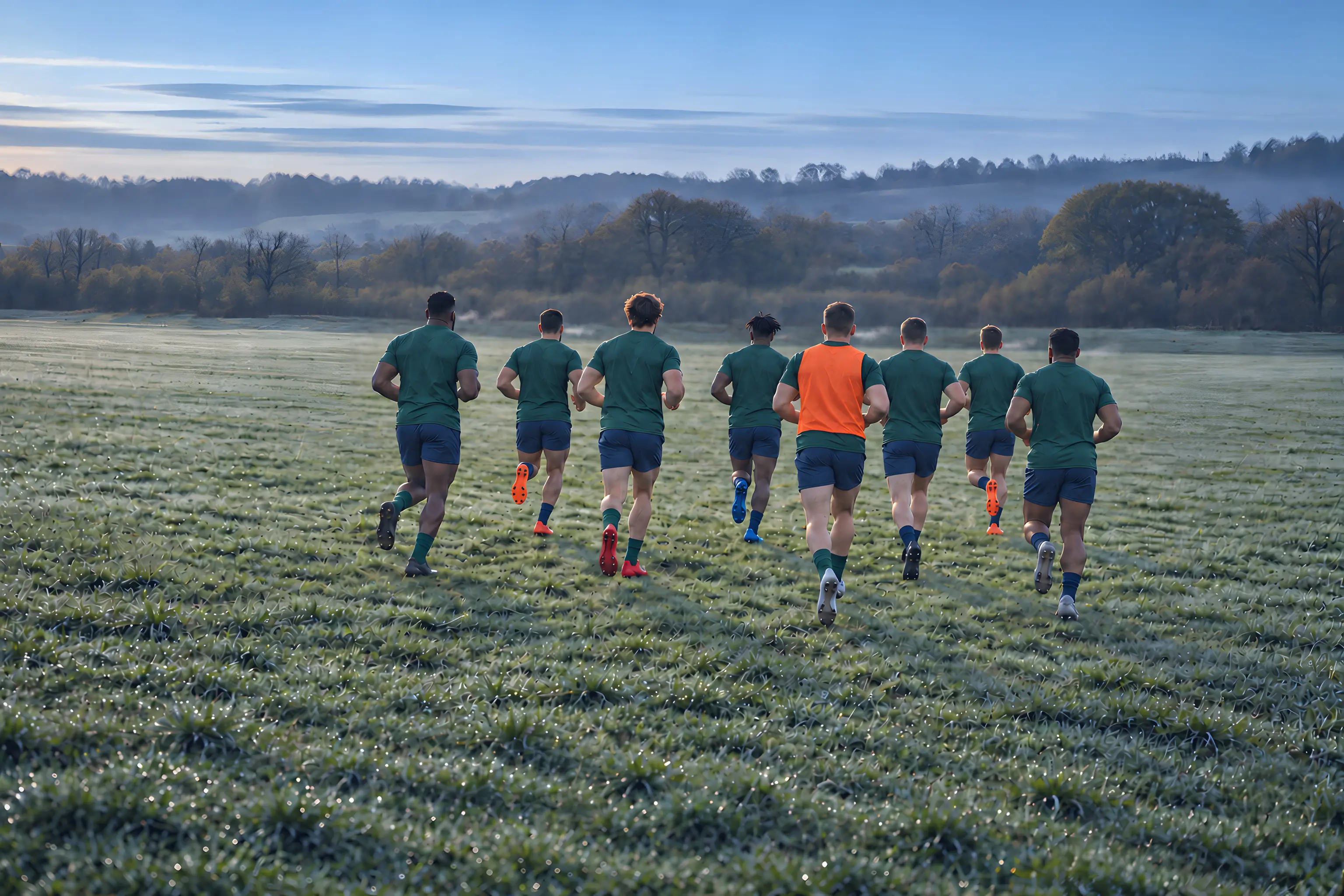A squad jogging out to warm up on a misty pitch at dawn