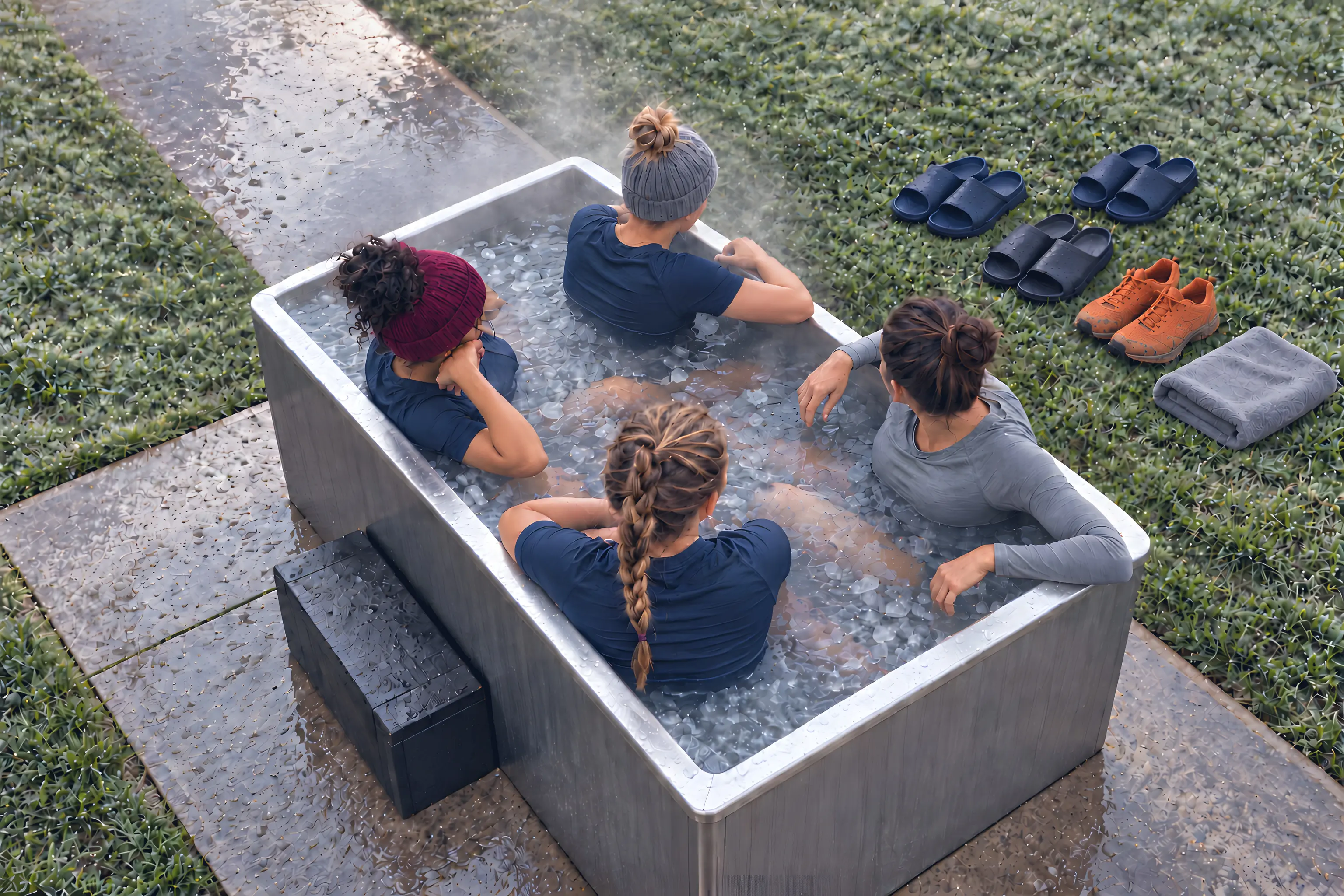 A squad sitting in an ice bath on a cold morning, seen from behind