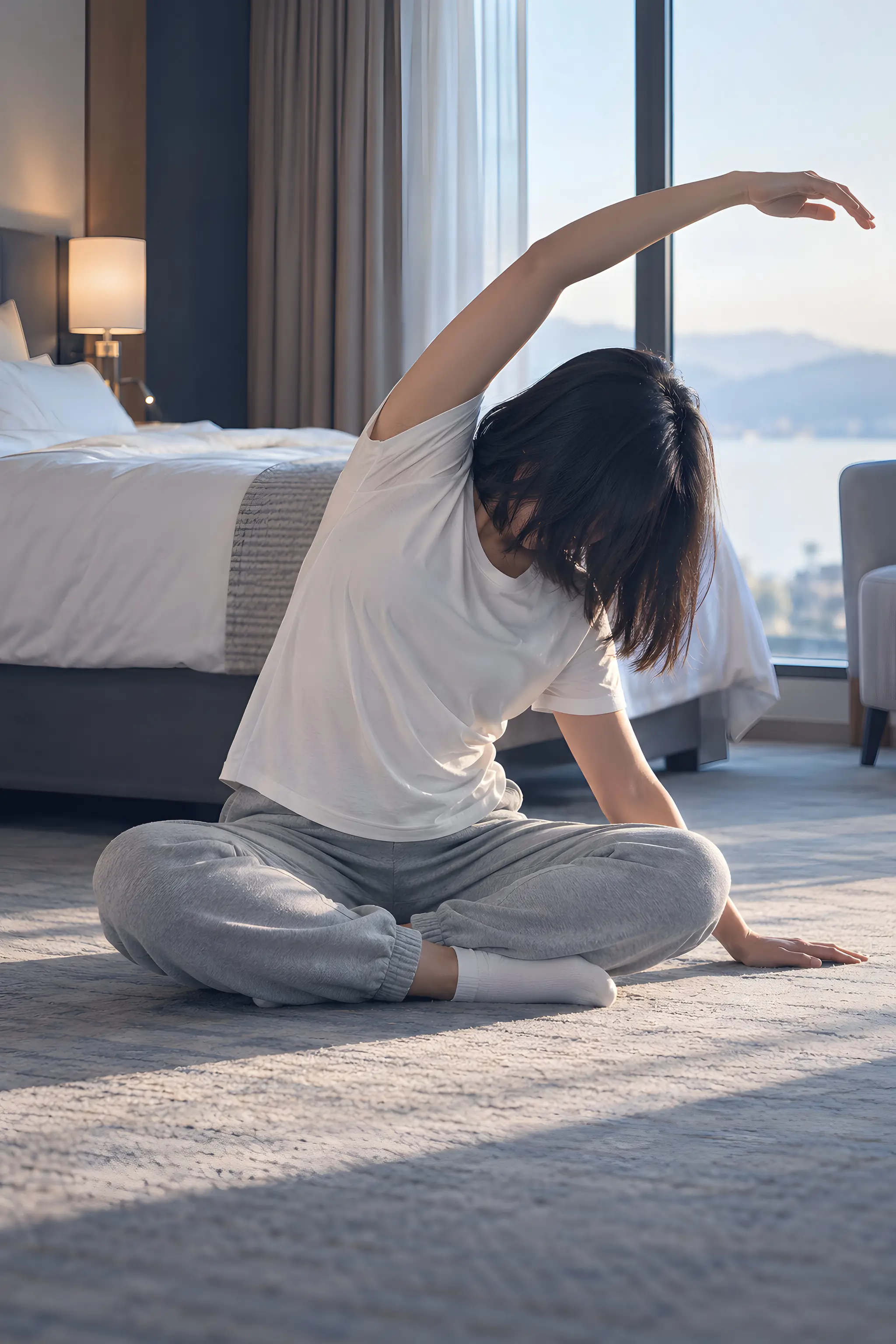 A woman stretching on a hotel-room floor at dawn