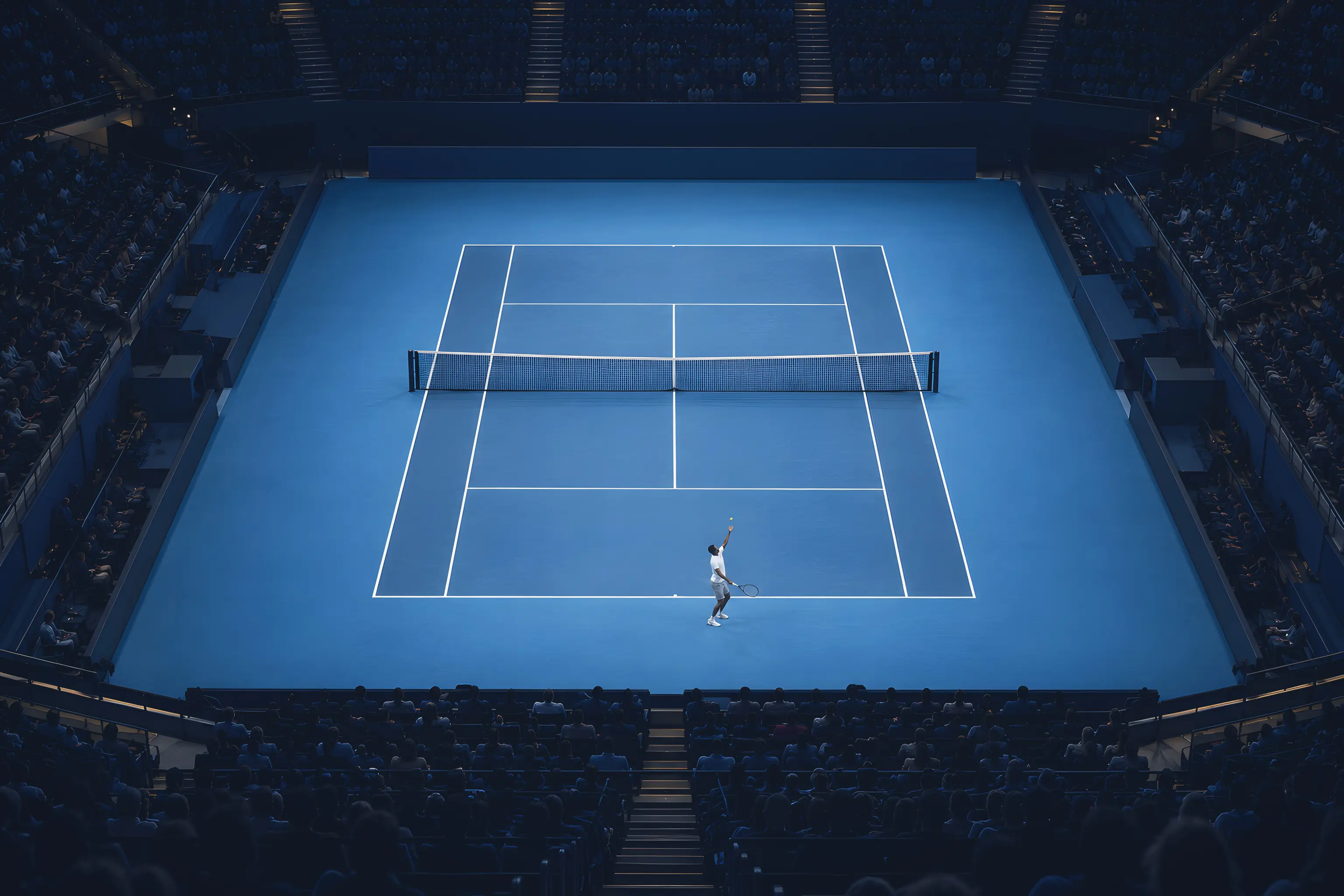A floodlit show court seen from the stands at night