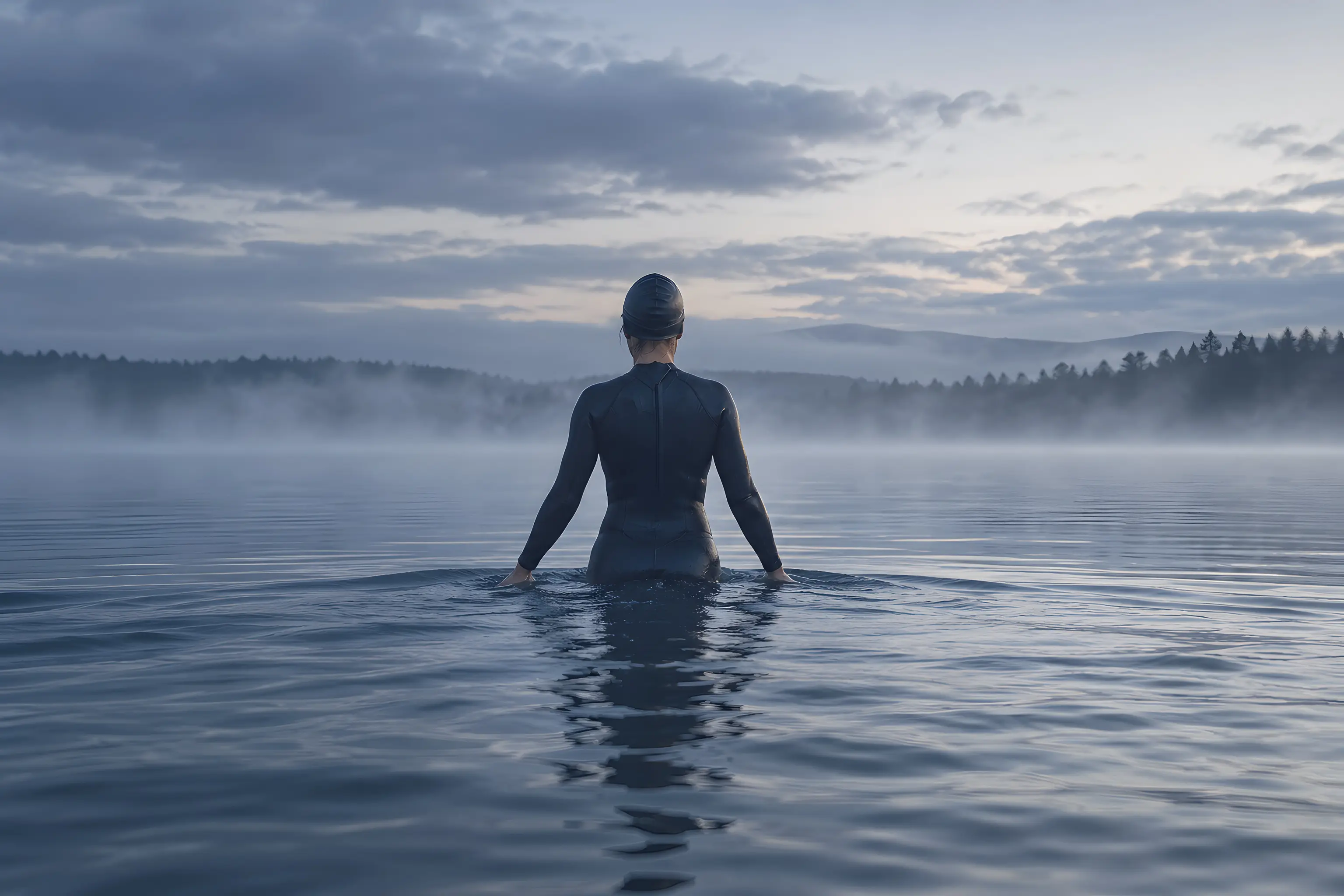 A swimmer in a wetsuit wading into a lake at dawn