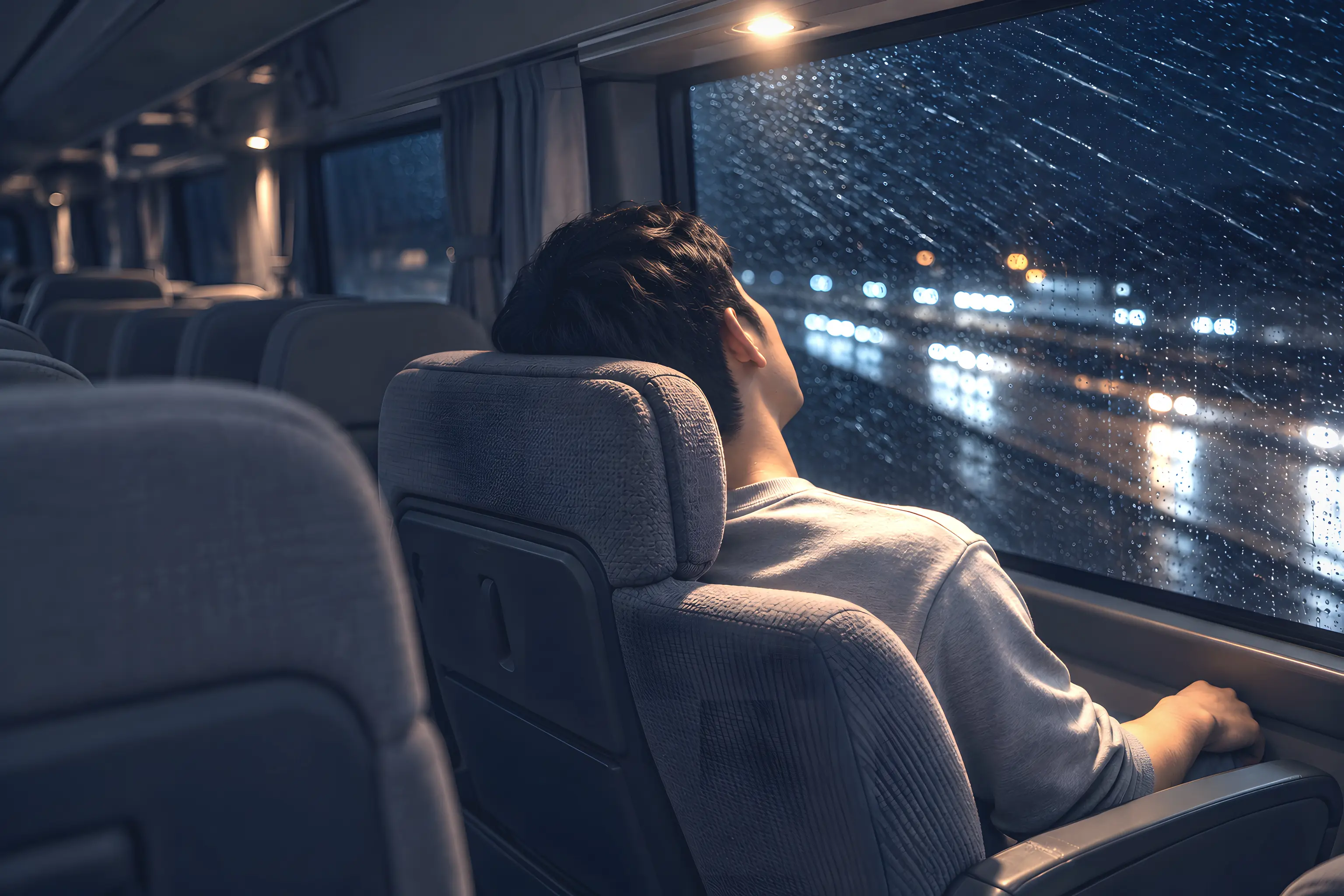 An athlete resting in a team coach at night, rain streaking the window