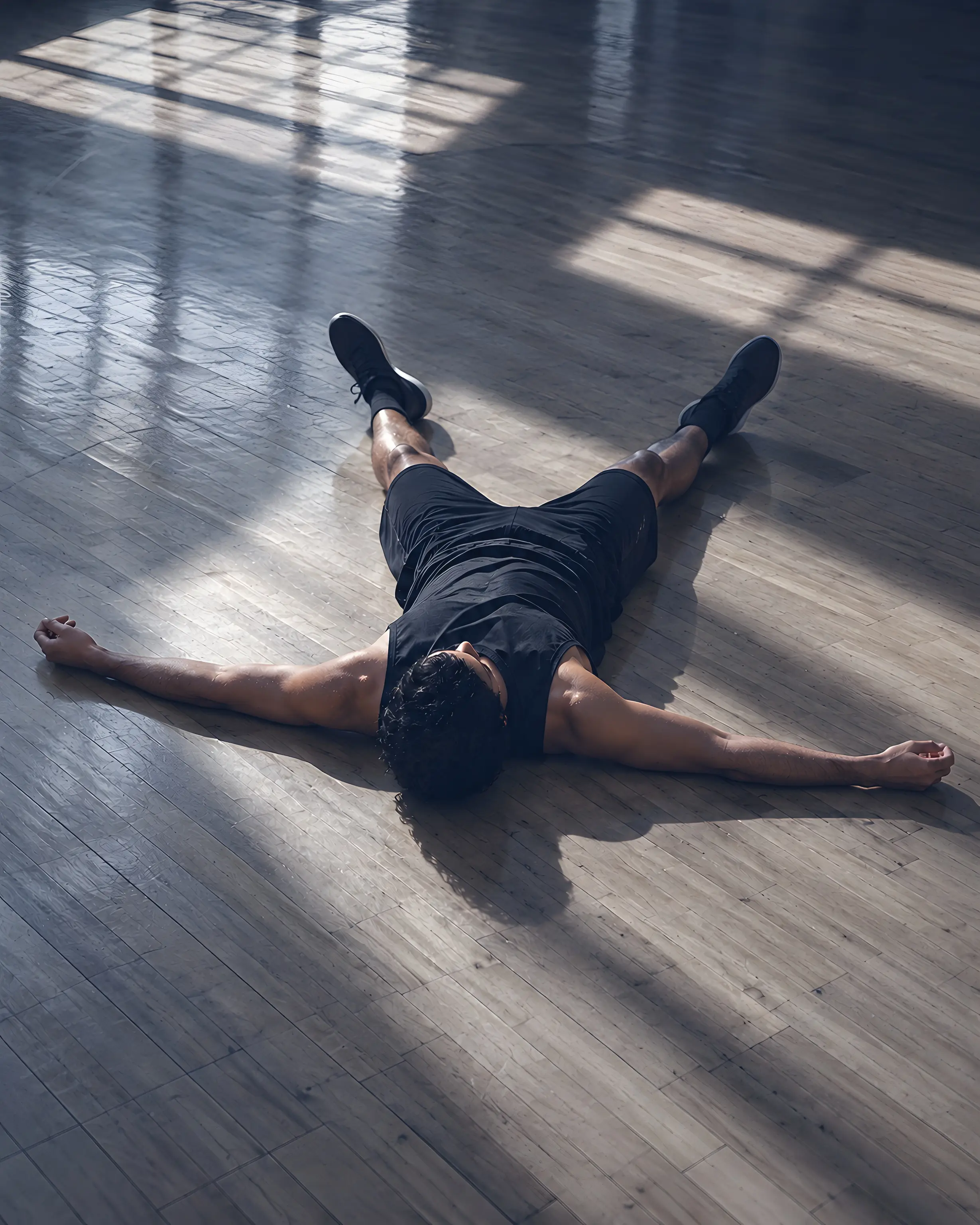 A basketball player lying on an empty gym floor with eyes closed