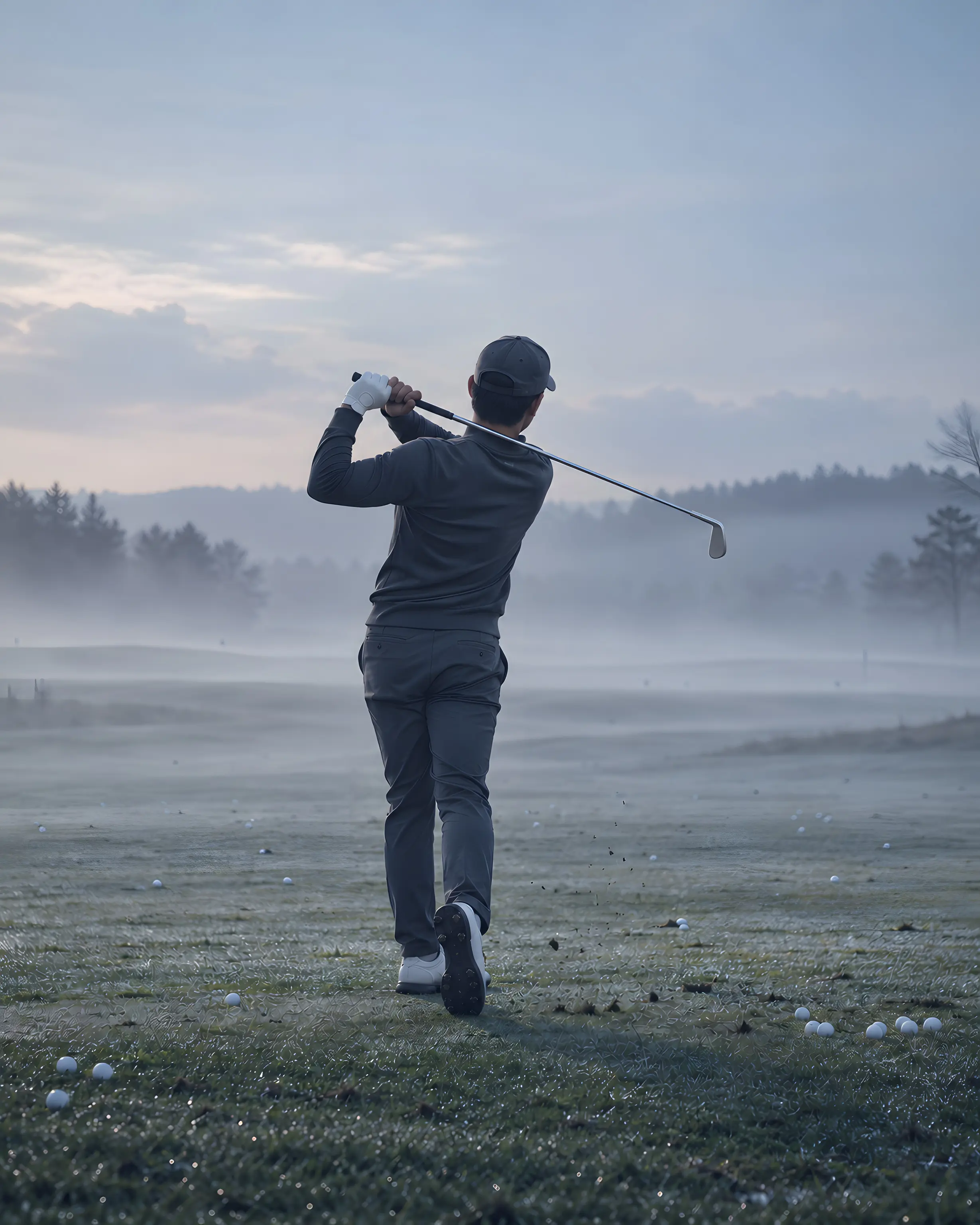 A golfer on a practice range at first light