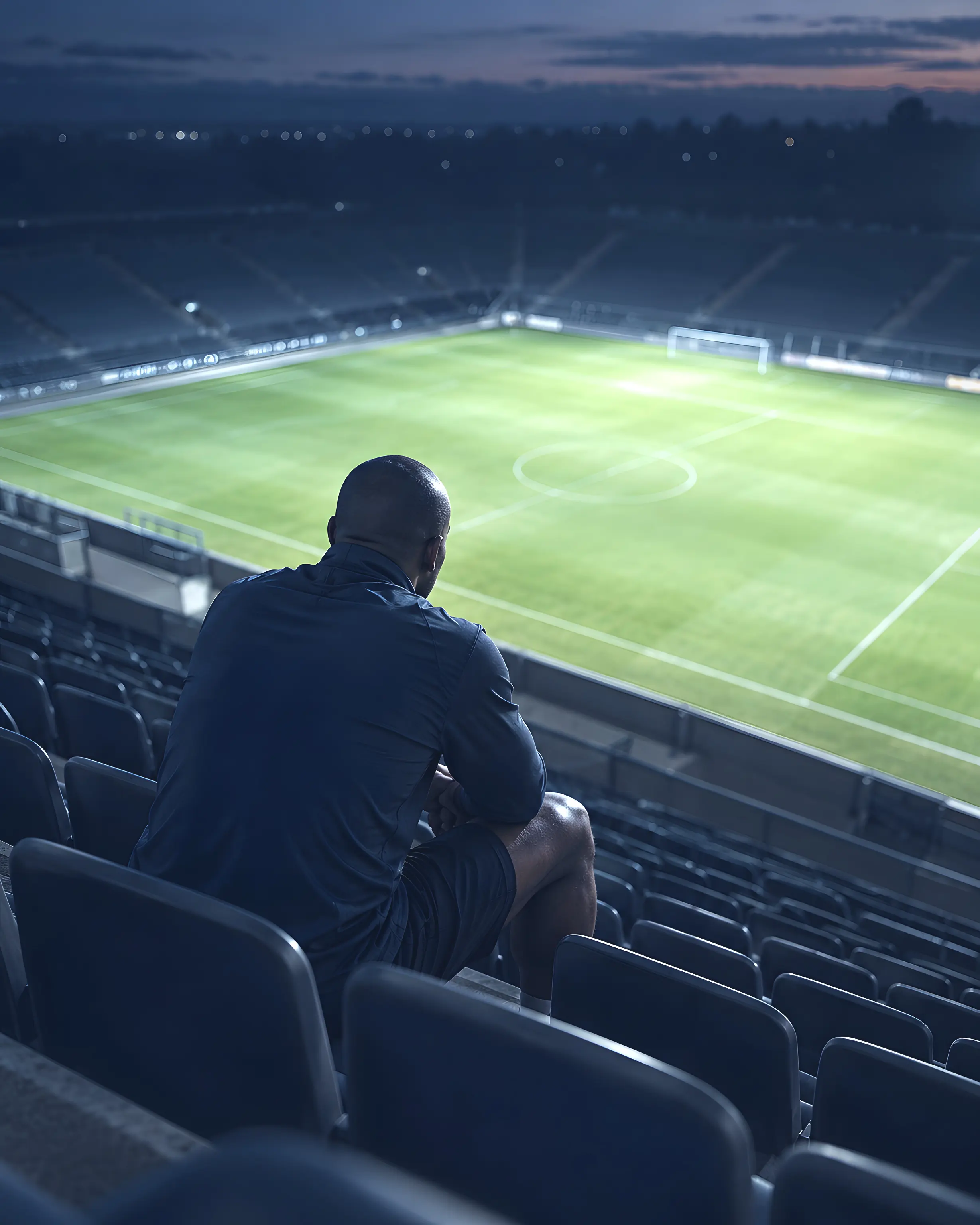 An athlete sitting alone in an empty stand at dusk