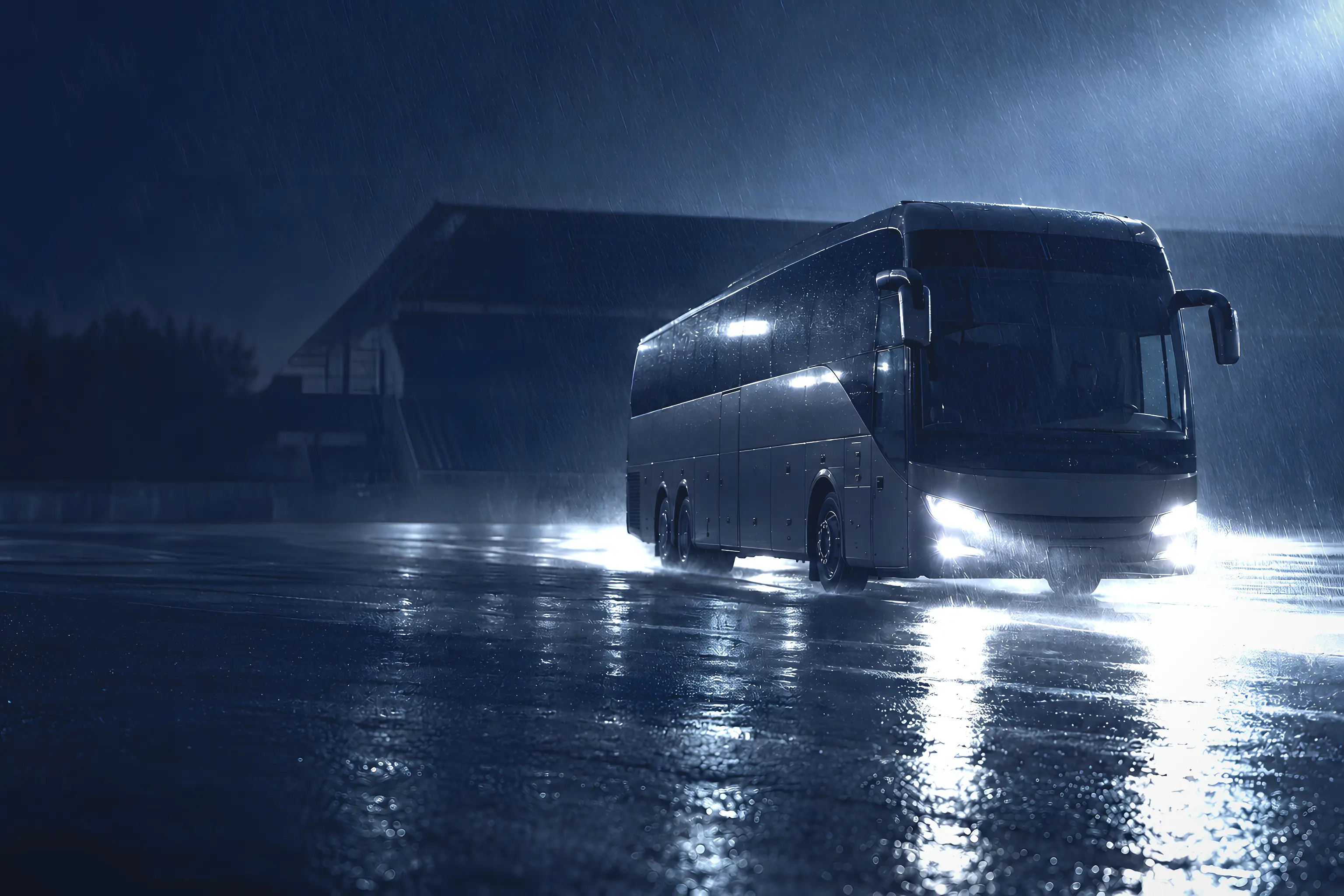 A team coach arriving at a floodlit ground in the rain
