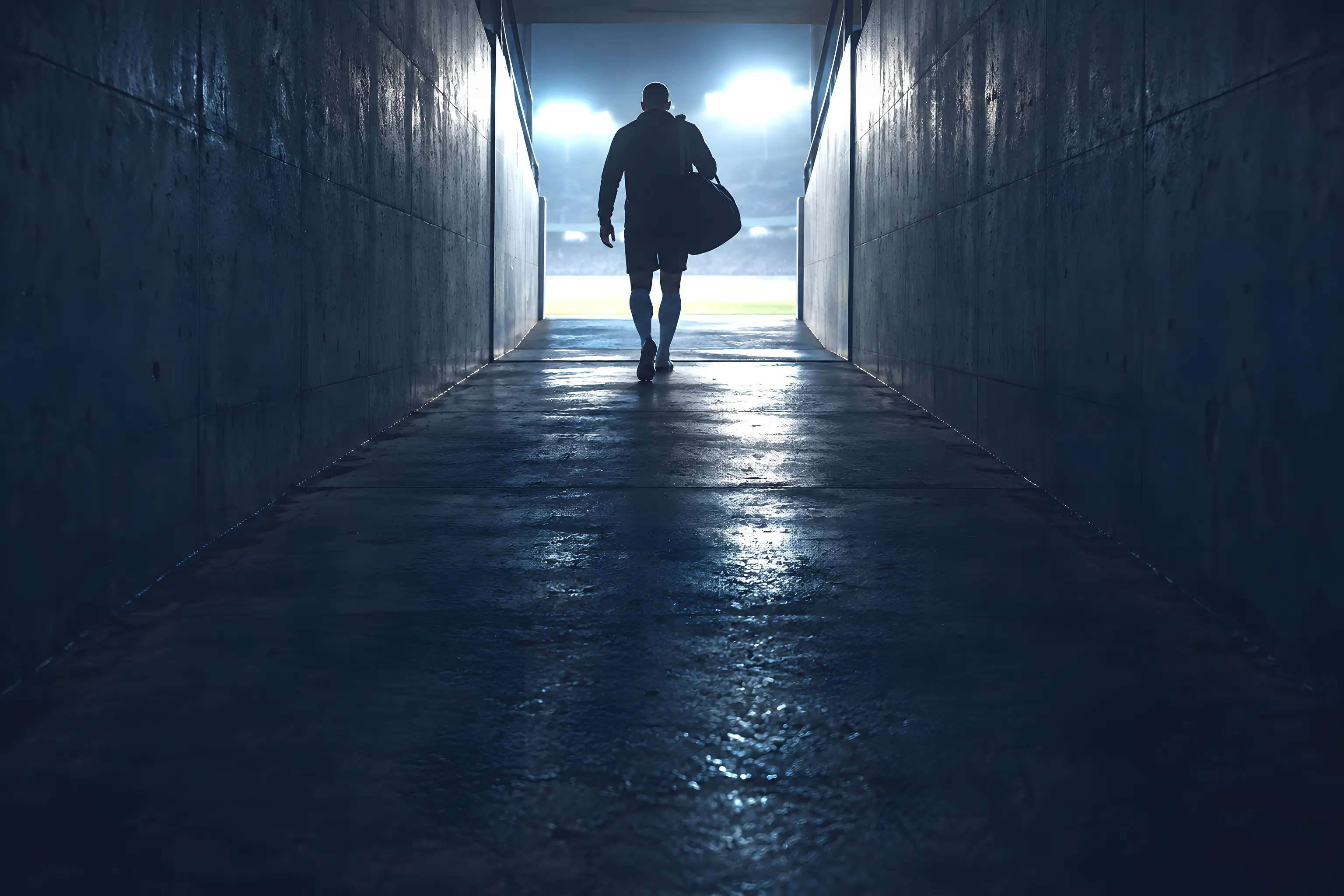 A player walking up a tunnel towards a floodlit pitch