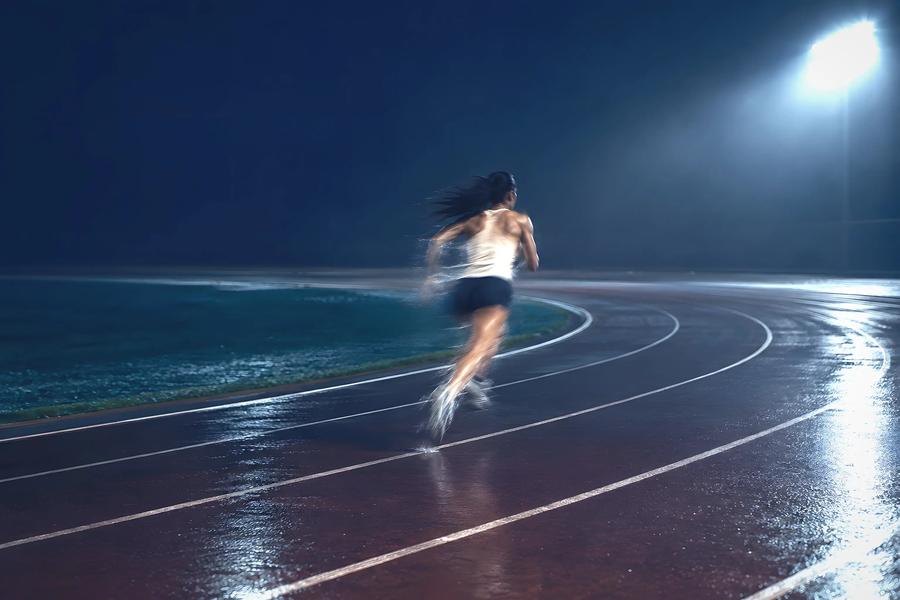 A running track at night with a runner blurred by motion