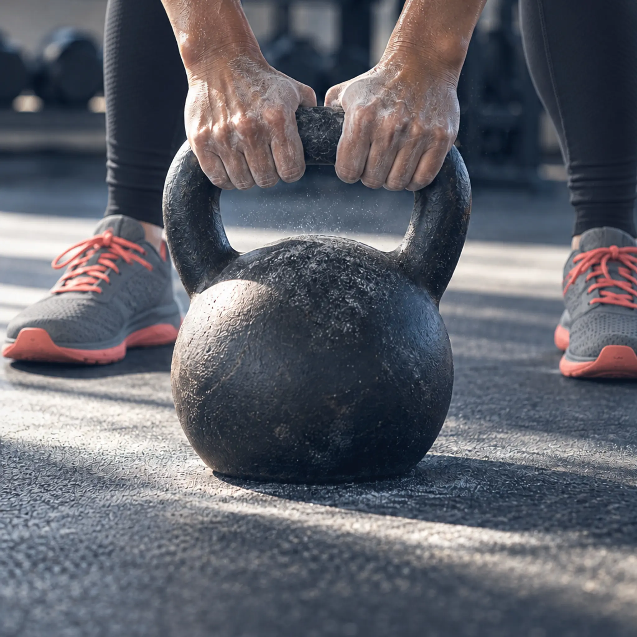 Chalked hands gripping a kettlebell