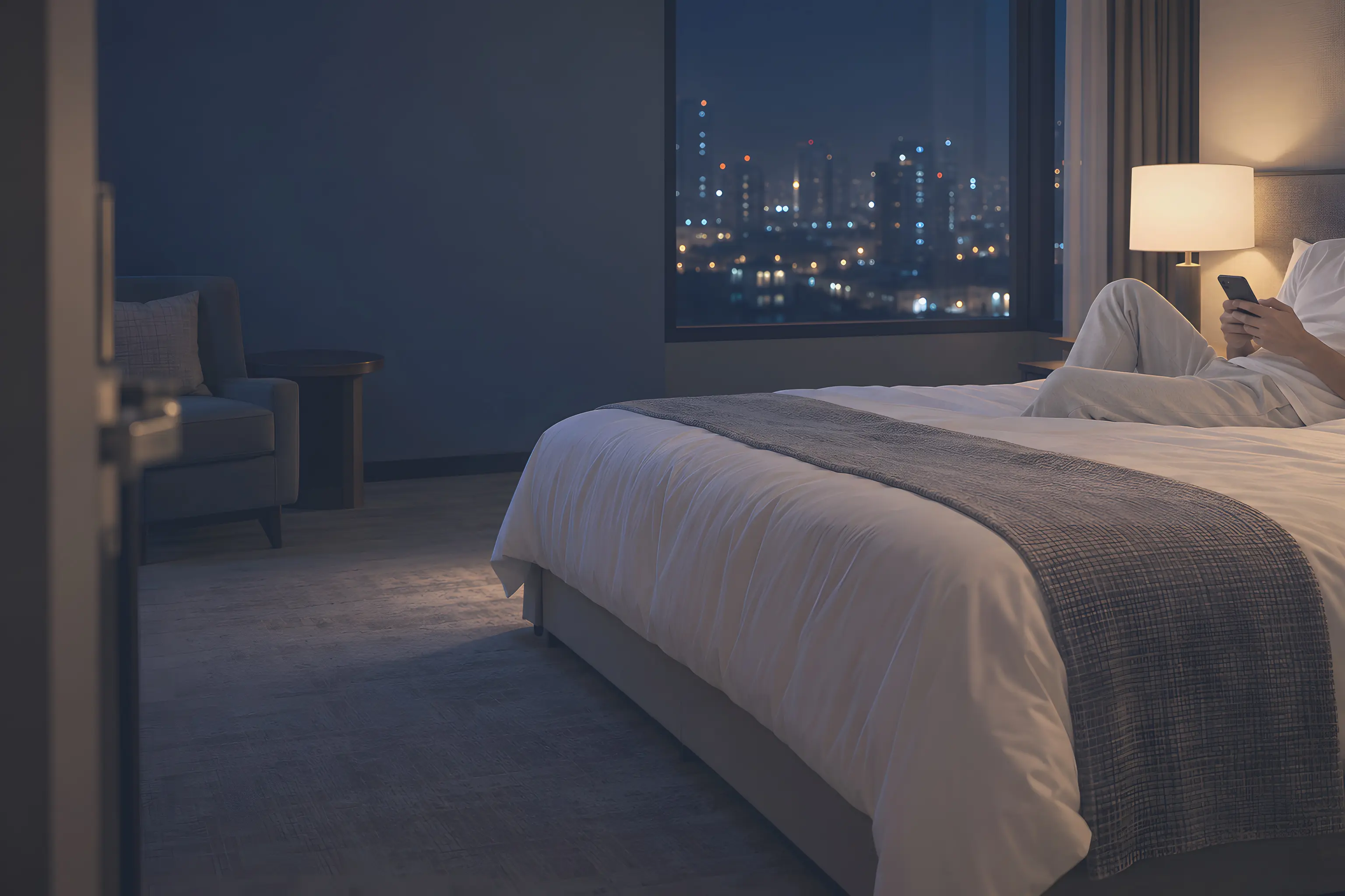 An athlete sitting up on a hotel bed at night, phone in hand