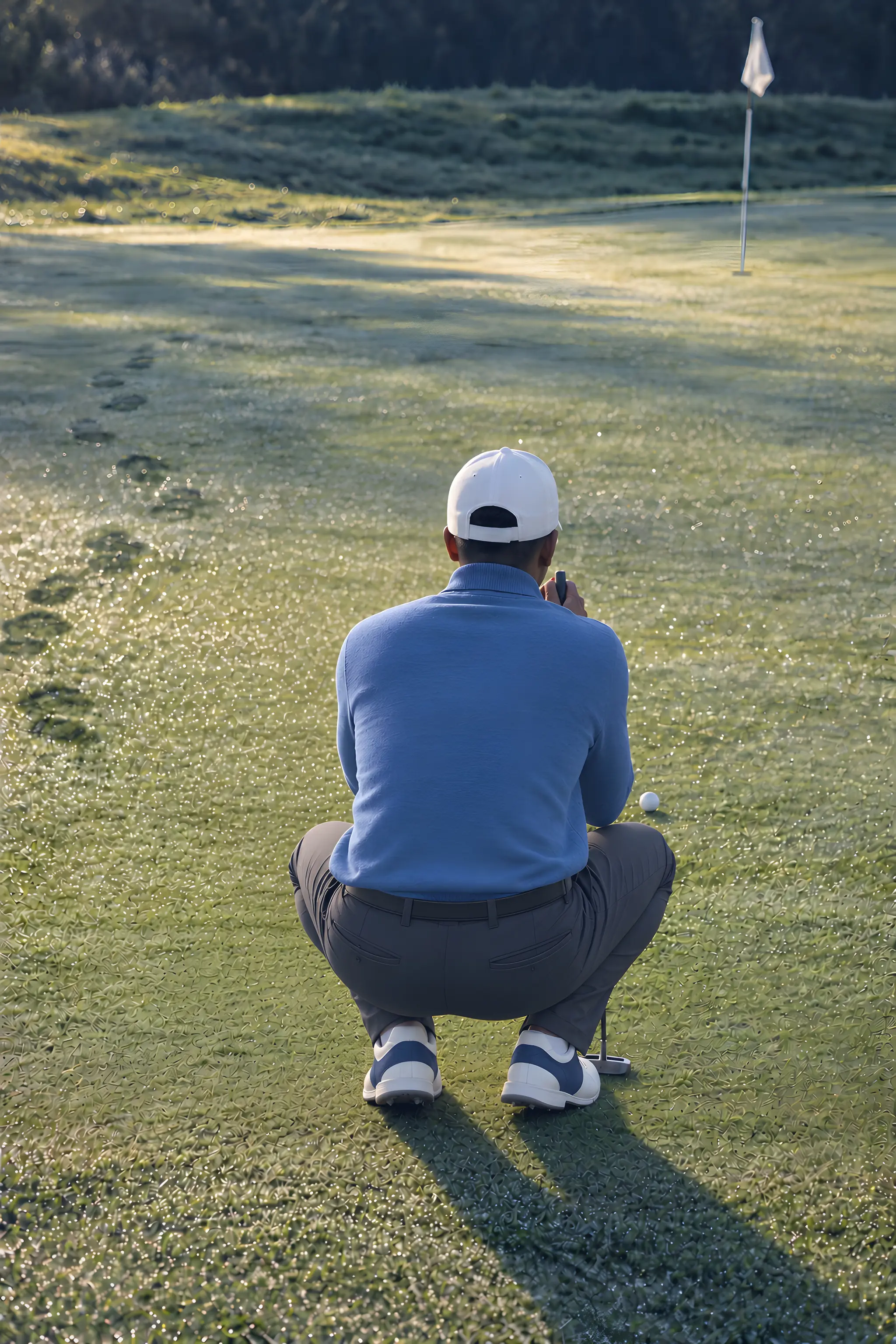 A golfer crouched reading a putt on a green at first light