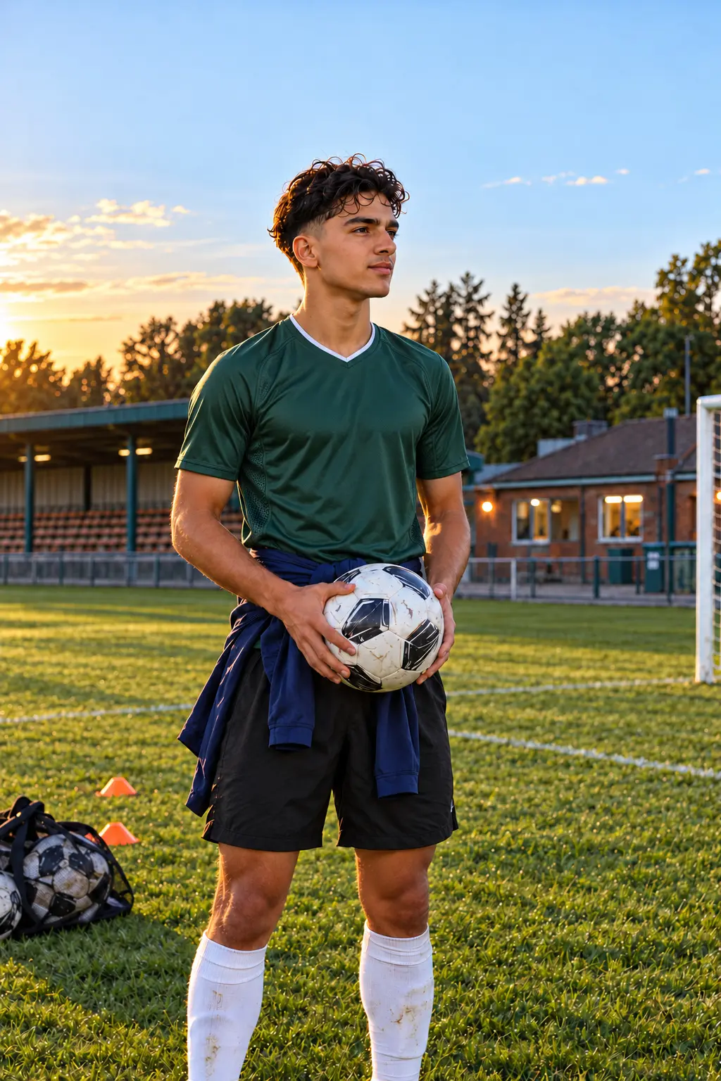 A young footballer holds a ball on a club training pitch at sunset.